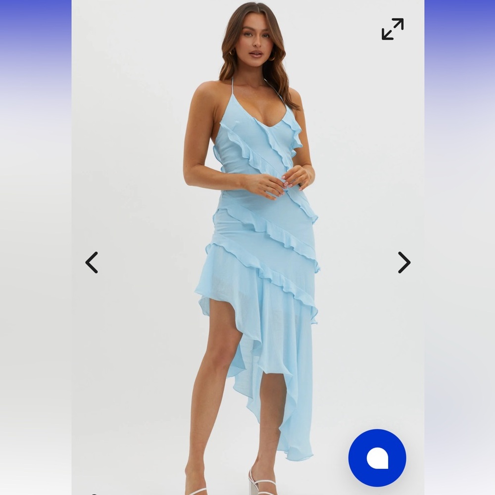 Arrabel Tiered Ruffle Asymmetric Midi Dress Blue